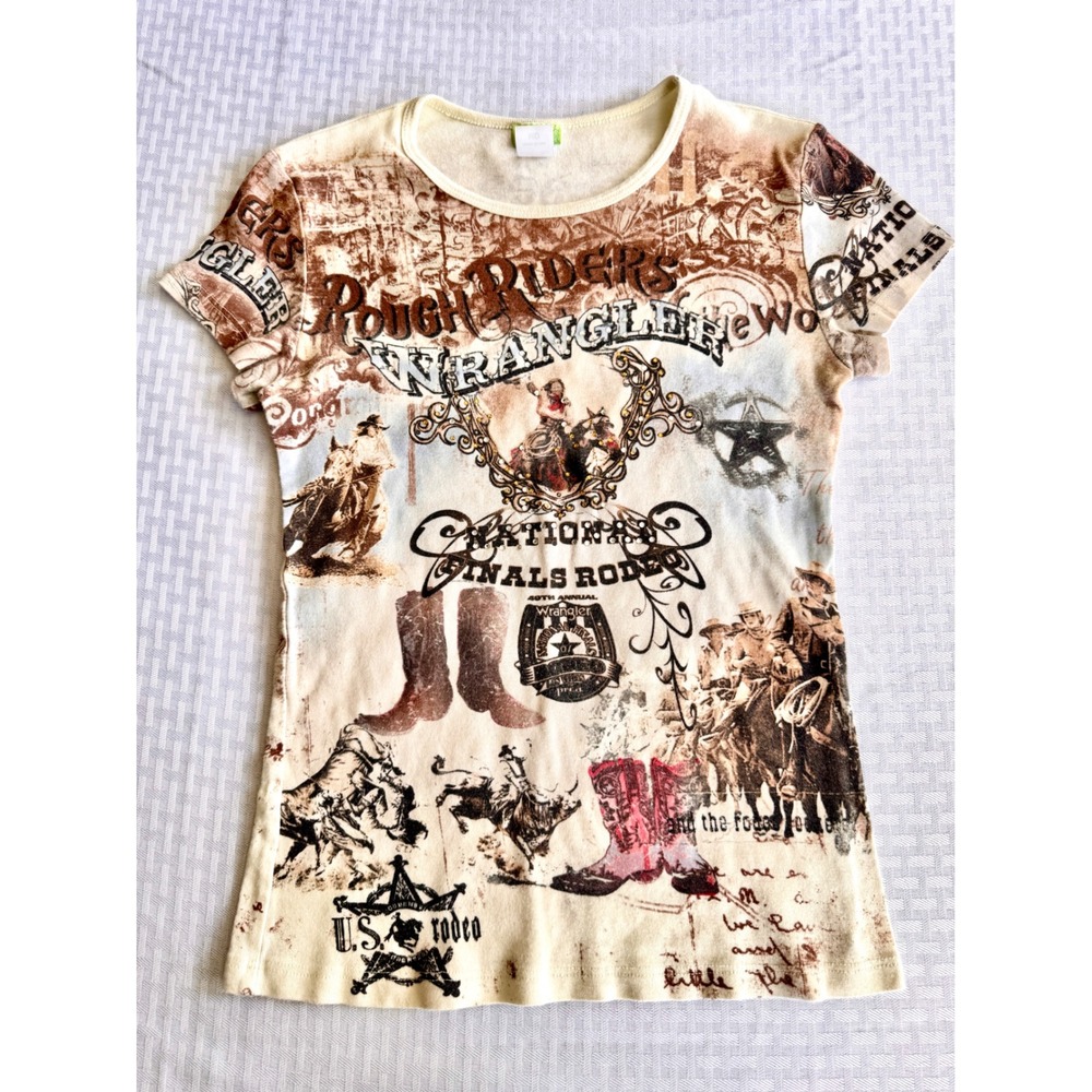 Fornia‎ Wrangler Rough Riders Rodeo Graphic Tee Rhinestone Cream Medium USA